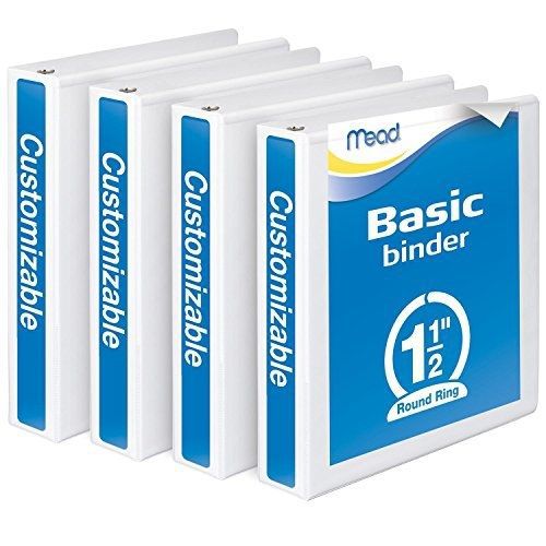 Mead 3 Ring Binder, Customizable, 1.5 Inch Round Ring, 4 Pack, White