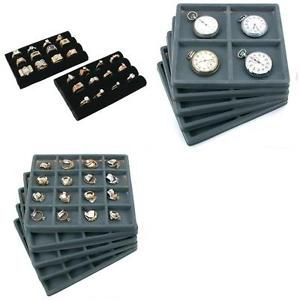 Gray Flocked Jewelry Tray Inserts 4 Slot &amp; 16 Slot W/ Velvet Ring Pad Kit 12 Pcs