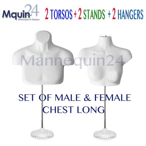 2 TORSO MANNEQUINS +2 Stands + 2 Hangers SET OF Male Female White Chest Long