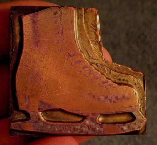 VINTAGE JOHNSONS SOLO FIGURE SKATES TRADE SIGN Copper Printers Block Top Plate