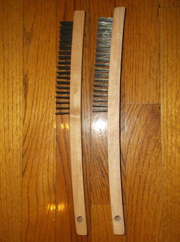 2 WOODEN HANDLE WIRE BRUSHES 13&#034; LONG FOR BBQ&#039;S, TOOL CLEANING AND SCRAPER