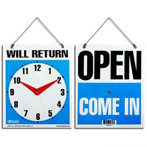 BAZIC 7.5&#034; X 9&#034; &#034;WILL RETURN&#034; Clock Sign w/ &#034;OPEN&#034; sign on back  of-24