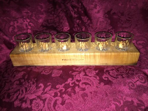 RARE VINTAGE FISHER BRAND BAR WOODEN 6 SHOT TRAY W/ ALL ORIGINAL GLASSES! EXC!