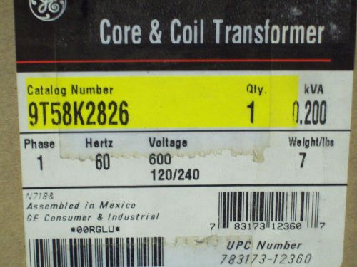 Ge 9t58k2826 1 phase transformer 0.200 kva 600 volt primary 120/240 secondary for sale