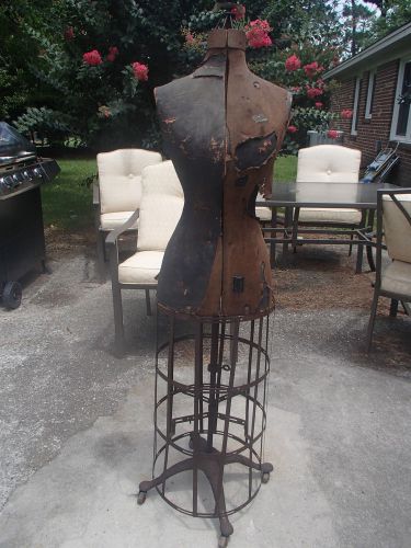 Antique acme dress form adjustable metal base- wooden wheels- cage for sale