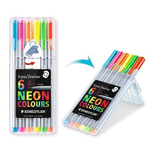 Triplus fineliner neon coloring pens in case, 0.3mm, metal clad tip, 6/pk, for sale