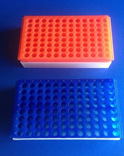 2-Microcentrifuge tube rack Polypropylene 96-place.Reversible w LIDS.Orange,blue