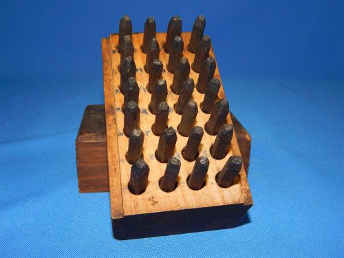 Antique Die Punch Stamp Set Numbers Letters Alphabet 28 Pcs 1/4&#034; in Wooden Box