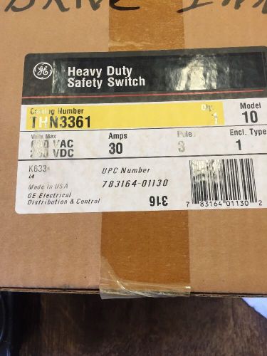 GE THN3361 Safety Disconnect Switch 30A, 600V, 3P, 3W, Non-Fuse NEW