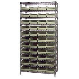 Wire shelving with (44) 4&#034;h plastic shelf bins stone, 36x14x74 for sale