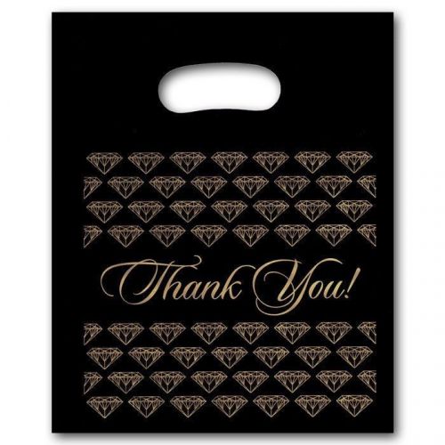 50 Small Black Gold Jewelry Thank You Plastic Merchandise Shopping Bags