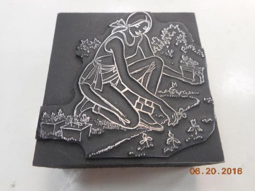 Letterpress Printing Block, Young Woman Plants Garden, Type Cut