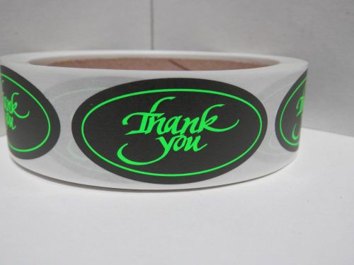 Thank you 1x2 oval  stickers labels green fluorescent letters black bkgd 250/rl for sale