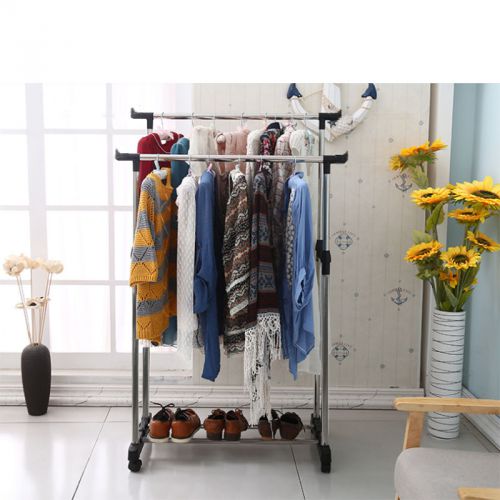 Double heavy duty collapsible adjustable cloth rolling garment hanger rack for sale