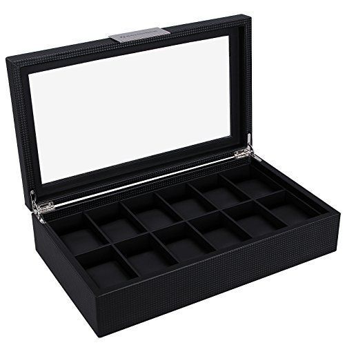 SONGMICS Mens Watch Box 12 Slots Carbon Fiber Large Display Case Black UJWB302H