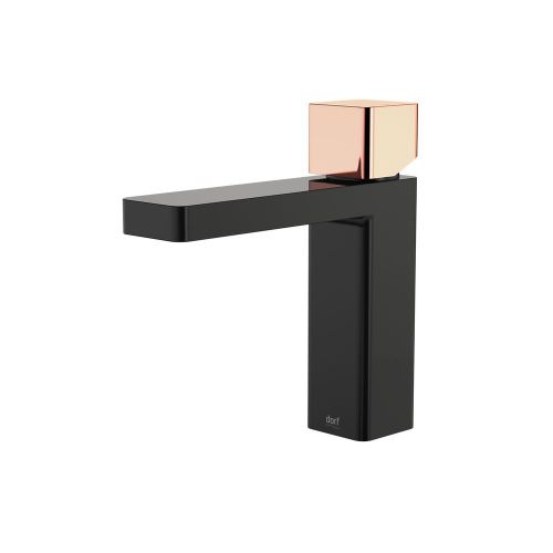 Dorf EPIC BLOC METALLIC BASIN MIXER Black/Rose Gold, WELS 5 Star *Aust Brand