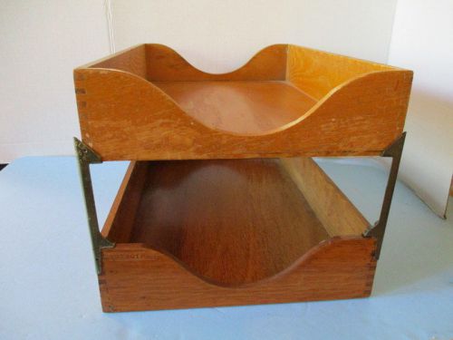 VINTAGE 2 TIER OAK STACKING FILE TRAYS, IN/OUT BOX, CLIPS-HEDGES OF FOREST PARK