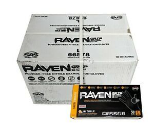SAS Raven Grip Extended Cuffs Powder-Free Black Nitrile Gloves Case of 10 Boxes