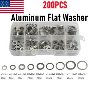 200PCS Aluminum Flat Washer M5-M14 Gasket Plain Round Ring Seal Assortment Kit
