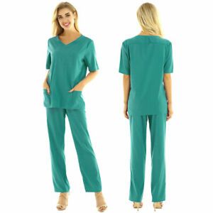 Women Men Medical Doctor Nursing Scrubs Hospital Uniform Top Pants Set Workwear
