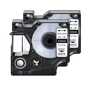 2PK Vinyl Black on White 18443 For DYMO Rhino 1000 3000 5000 Label Tape 9mm
