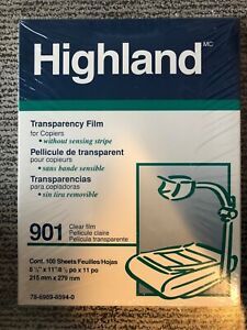 901 Highland Transparency Film for Copiers w/o Sensing Strip - 100 sheets - NIB