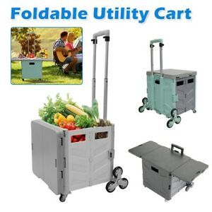 Folding Shopping Cart 55L Rolling Utility Trolley Cart Basket With Ladder Wheel