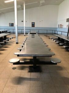 STAINLESS STEEL CAFETERIA TABLES WITH ATTACHED SEATING