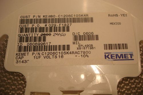 Capacitor 1206 SMD Ceramic 1uf 16V 10% XR7 RoHS Kemet 2450 PCS New