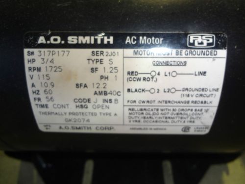 A.O. Smith AC Motor 3/4 HP 1725 RPM Type S Style 317P177