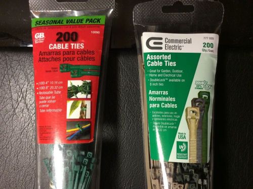 400 (2 EA 200 PACKS) CABLE TIES, ASST. SIZES &amp; COLORS, 200 4&#034;, 200 8&#034;, NEW