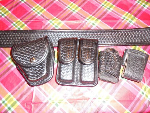 Bianchi leather 38-32 basket weave police security belt lot cuff &amp; magazine case for sale