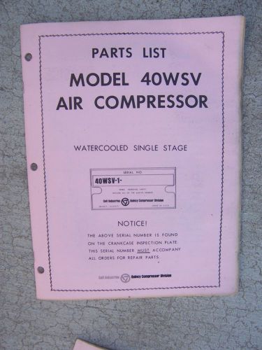 1970 quincy model 40wsv water cooled single stage air compressor parts list r for sale