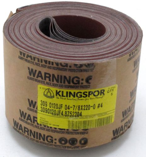 New in package Klingspor 4-7/8&#034;x220&#034; 120 GRIT SANDING ABRASIVE BELTS 5pc Germany