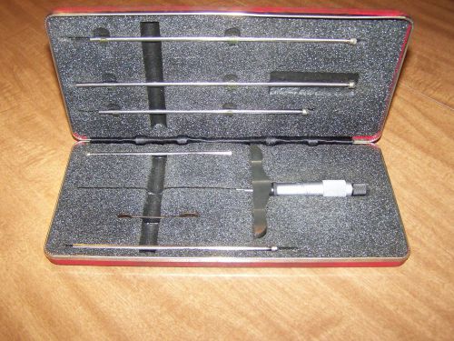Starrett mechanical depth mic set with five rods min 0&#034; maximum 9&#034; depth 4&#034; base for sale