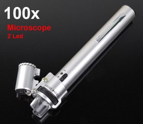 US Compact Mini 100X Pocket Jewelry Stamp Pen Microscope Loupe Magnifier w 2LED