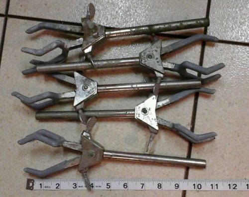Lot of 5 used 10&#034; extension FISHER CASTALOY 3 prong clamp chem lab vintage