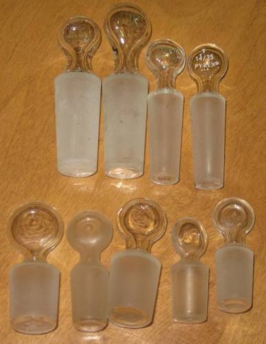 Glassware lab glass: misc size hollow glass pennyhead stopper lot x9 for sale
