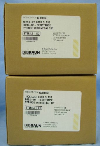 2 Cases/10ea B. Braun Perifix 10cc Luer Lock Glass Syringes/Metal Tip #GLR10ML