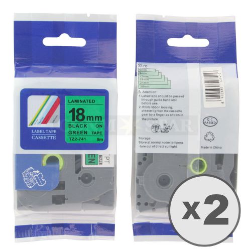 2pk black on green tape label for brother p-touch tz tze 741 18mm 3/4&#034; 26.2ft for sale