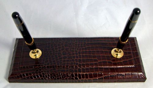 Double Pen Holder Stand Desk Accessory Genuine Leather Brown Croc Bey Berk MIB