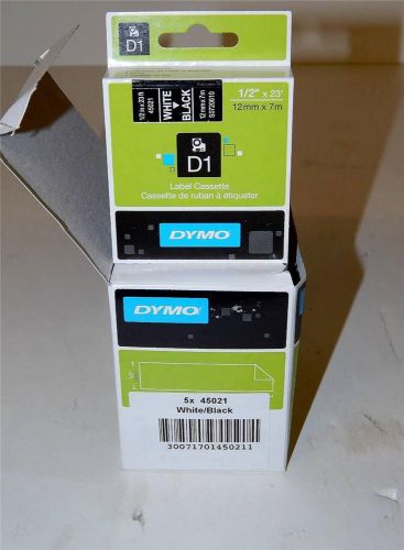 Box of 5 Dymo 45021 White on Black Label Cassette 1/2&#034;x23&#039;