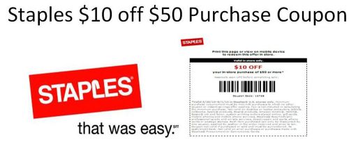 One (1) staples $10 off $50 coupon for in store or online use for sale