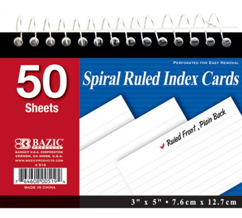 BAZIC 50 Ct. Spiral Bound 3&#034; X 5&#034; Ruled White Index Card, Case of 36