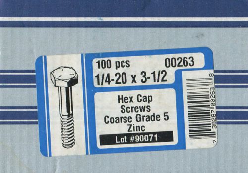 Fastener 1/4&#034;-20 x 3-1/2&#034; hex cap screws zinc coarse grade 5 box of 100 ~ closeo for sale