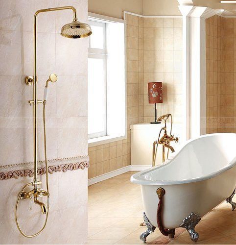 8&#034; Rain Head Gold Shower Faucet Set Bathroom Shower Tub Mixer Tap with Handheld
