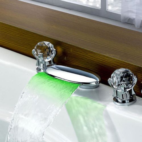 Modern Widespread LED Waterfall Bath Sink Faucet 2 Crystal Handle Free Shipping
