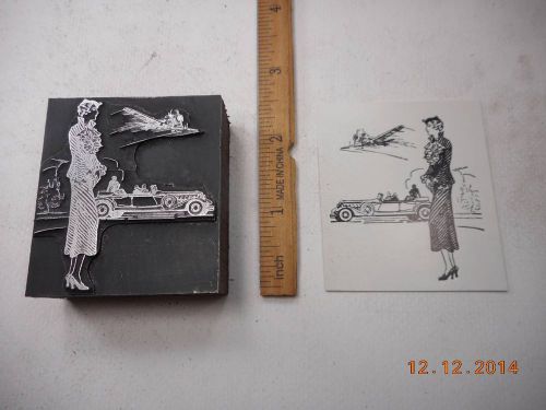 Letterpress Printing Printers Block, Old Fashion Woman by Car watches Airplane