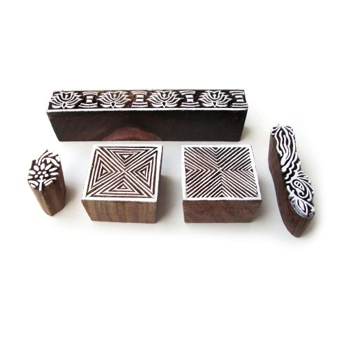 Hand crafted floral and geometric pattern wooden printing tags (set of 5) for sale