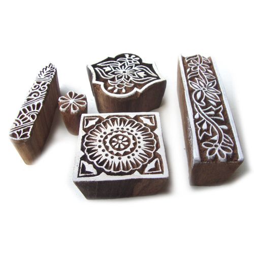 Hand Carved Mix Floral Wooden Design Tags for Block Printing (Set of 5)